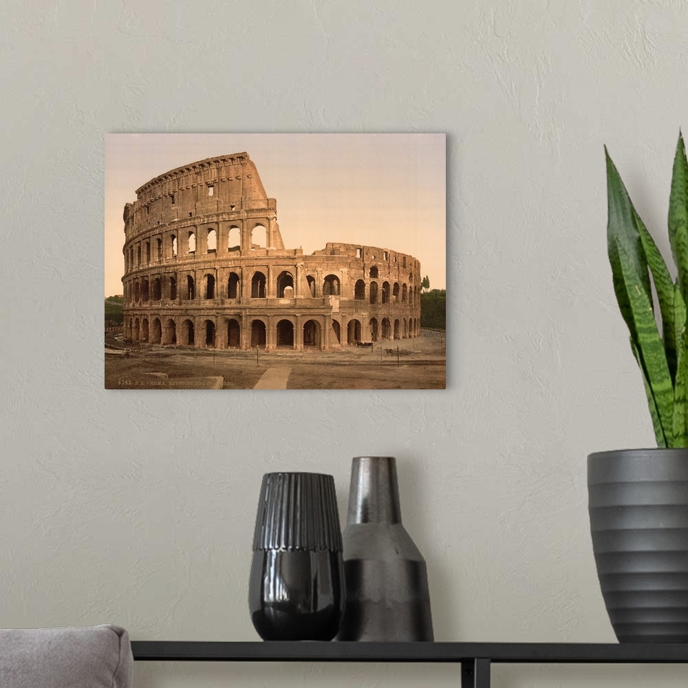 A modern room featuring Hand colored photograph of exterior of the coliseum, Rome, Italy.