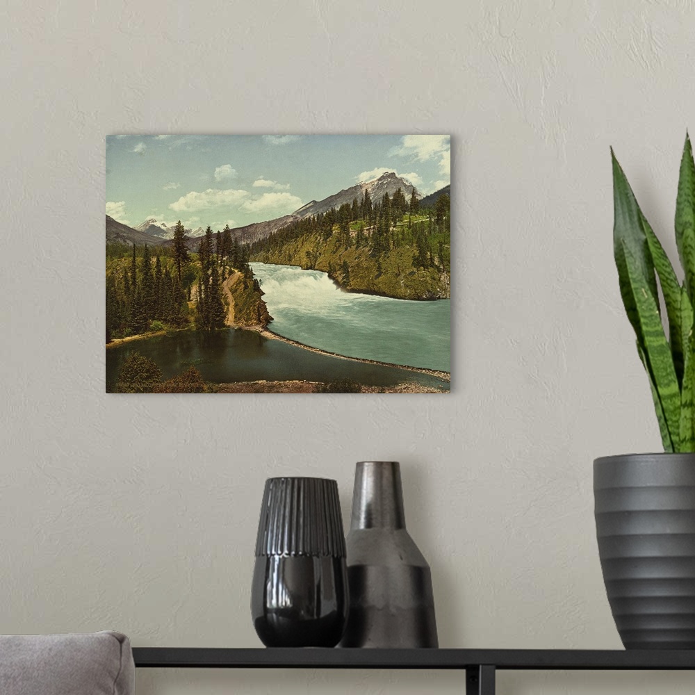 A modern room featuring Hand colored photograph of falls of the bow river, Banff, Alberta.