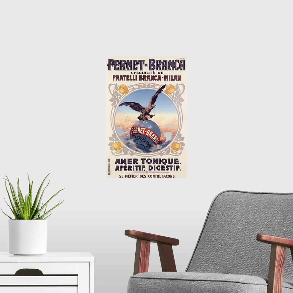 A modern room featuring Photograph of old advertising poster featuring an eagle flying over a world globe with a bottle o...