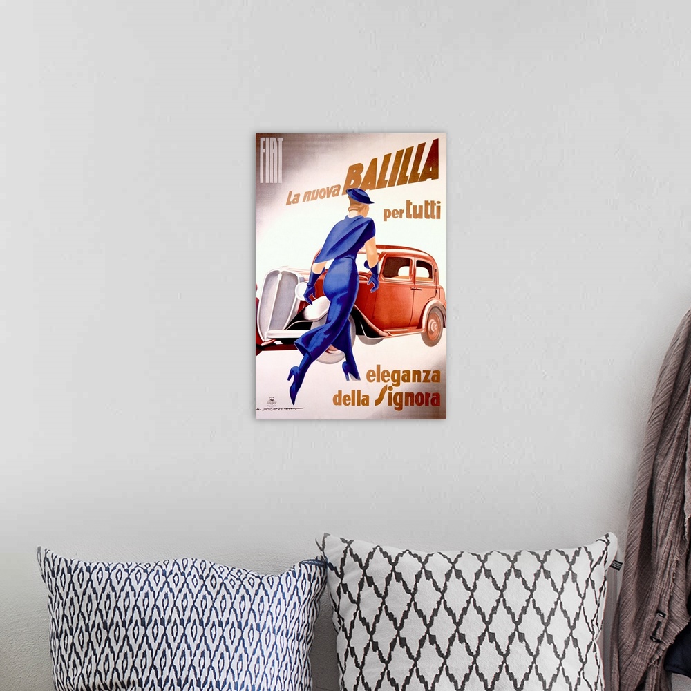 A bohemian room featuring This is a vertical, vintage advertisement in the Art Deco style for the Italian car Fiat that sho...
