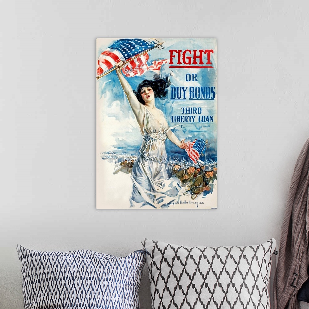 A bohemian room featuring Fight or Buy Bonds, WWI, Vintage Poster, by Howard Chandler Christey