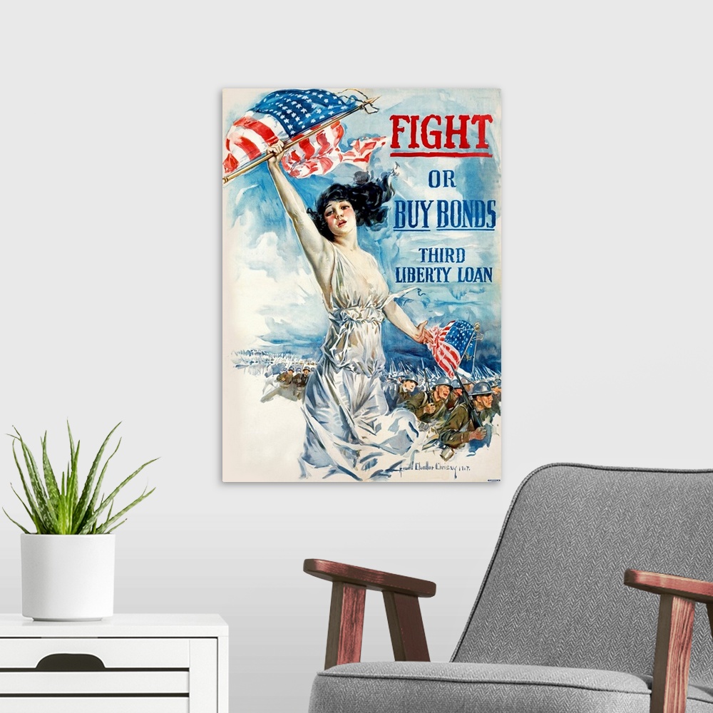 A modern room featuring Fight or Buy Bonds, WWI, Vintage Poster, by Howard Chandler Christey