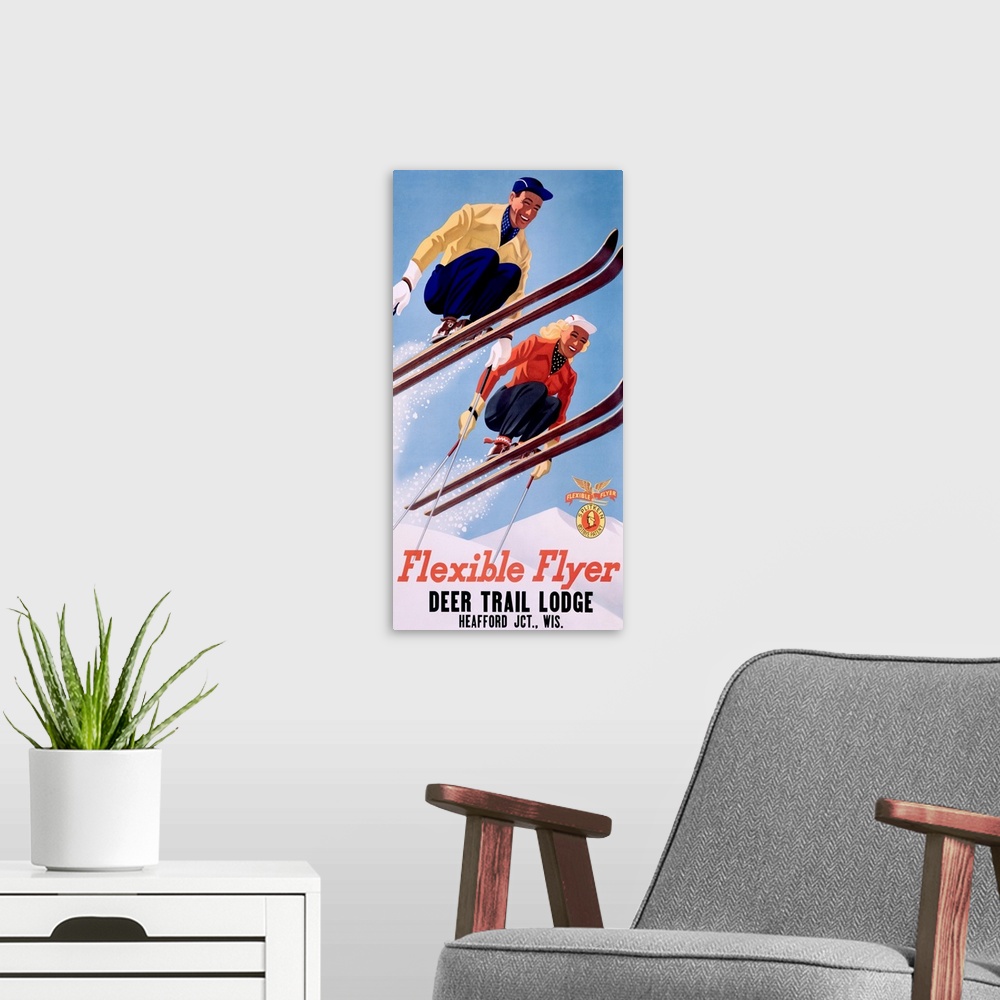 A modern room featuring Old poster print advertising ski lodge.  Two skiers are in mid air over snow with the text "Deer ...