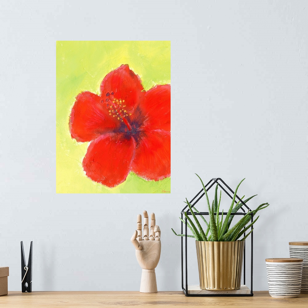 A bohemian room featuring A large red flower is painted against a mustard colored background.