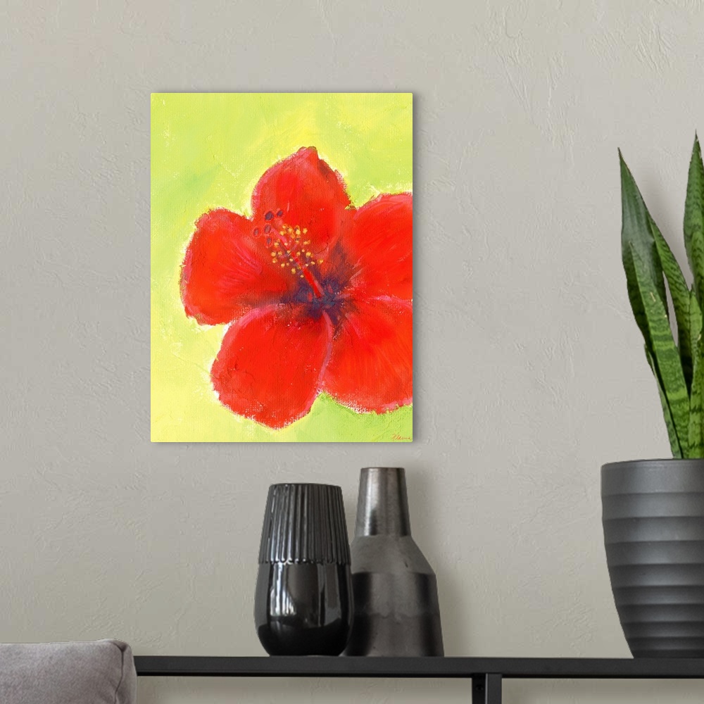 A modern room featuring A large red flower is painted against a mustard colored background.