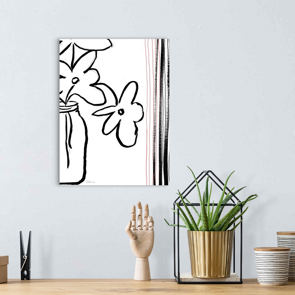 A bohemian room featuring Simple flowers are drawn sprouting out from a vase with strips of paint on the right side of the ...