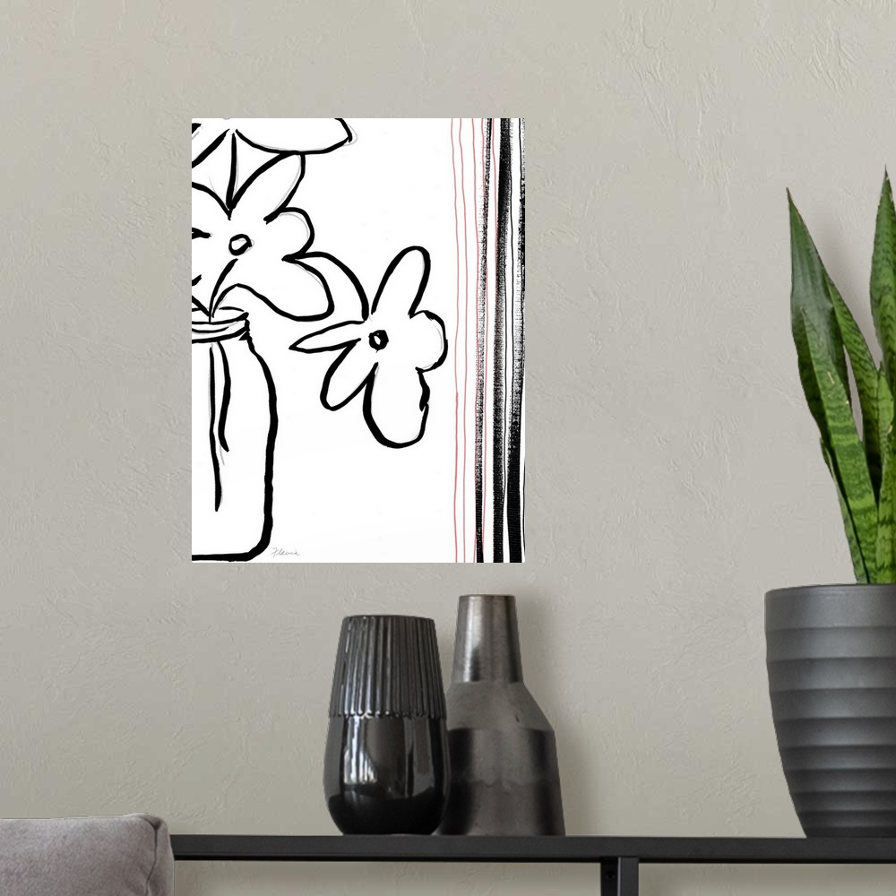 A modern room featuring Simple flowers are drawn sprouting out from a vase with strips of paint on the right side of the ...