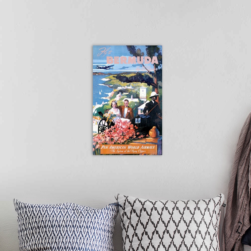 A bohemian room featuring Fly to Bermuda by Clipper, Pan American World Airways, Vintage Poster