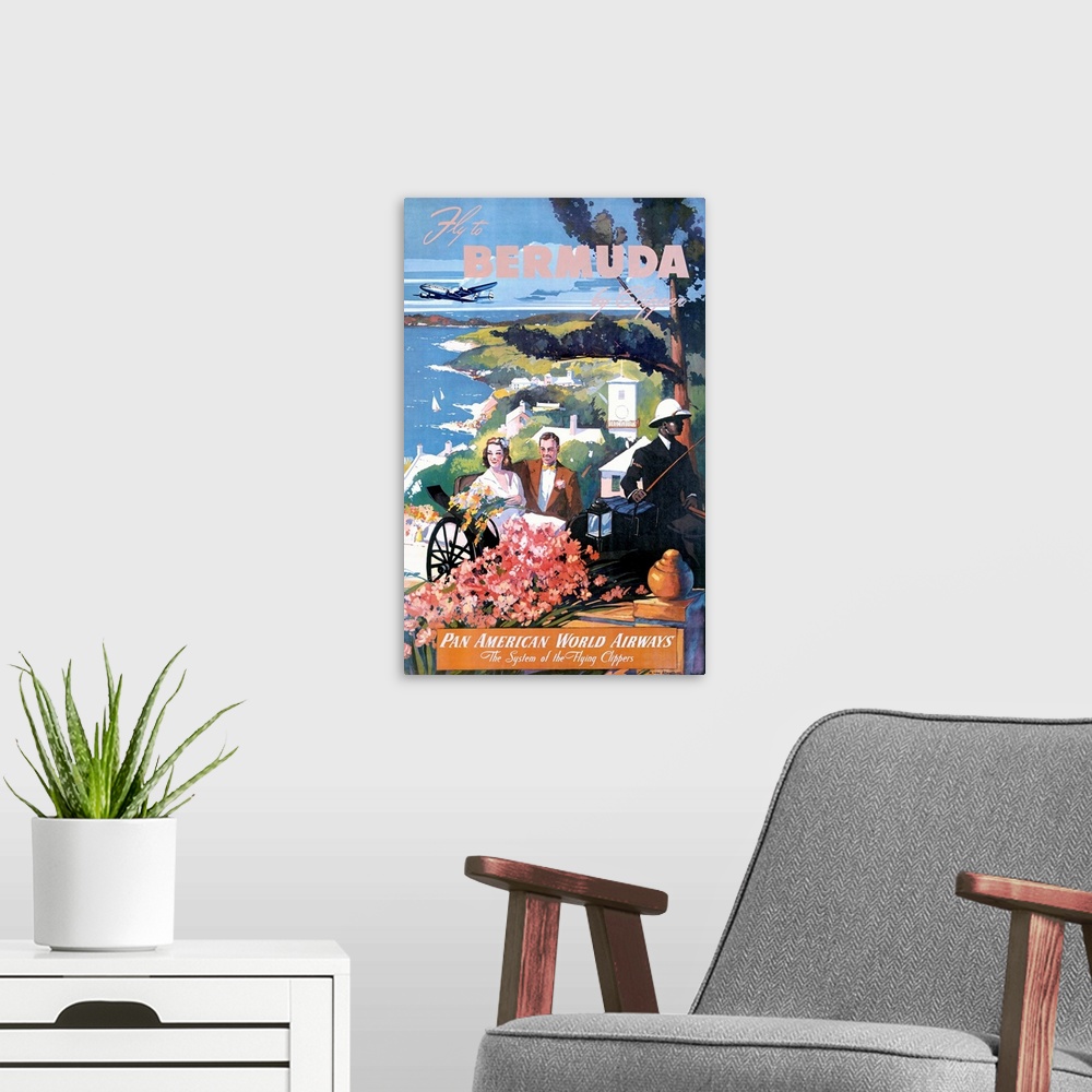 A modern room featuring Fly to Bermuda by Clipper, Pan American World Airways, Vintage Poster
