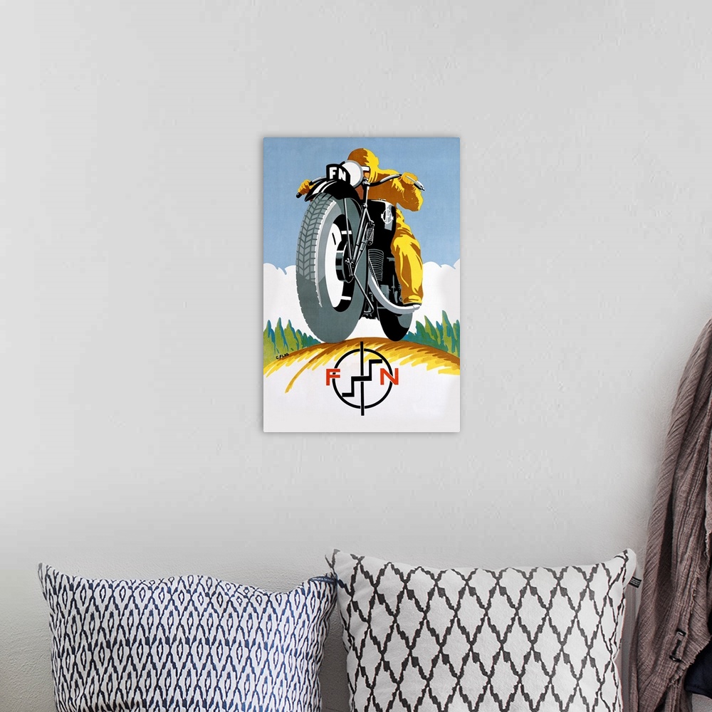 A bohemian room featuring Large print of a antiqued poster of a guy riding a motorcycle with a symbol at the bottom.