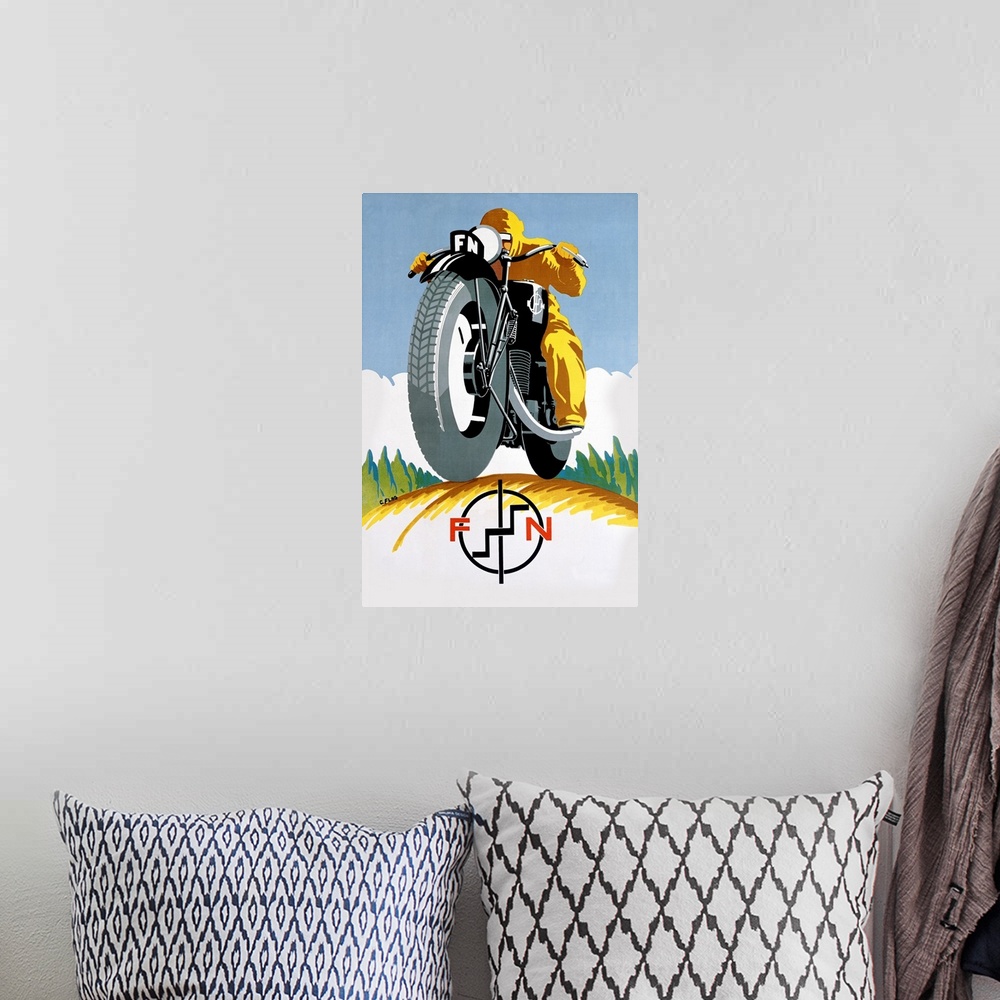 A bohemian room featuring Large print of a antiqued poster of a guy riding a motorcycle with a symbol at the bottom.