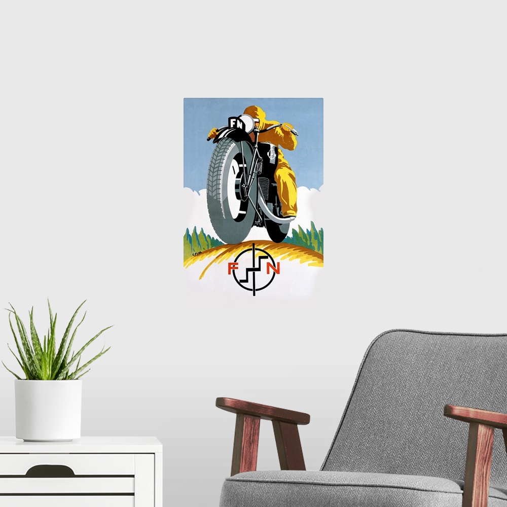 A modern room featuring Large print of a antiqued poster of a guy riding a motorcycle with a symbol at the bottom.