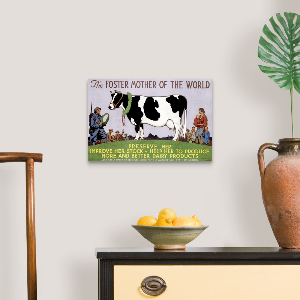 A traditional room featuring Vintage poster that highlights a cow with people standing around her and about to crown her. The ...