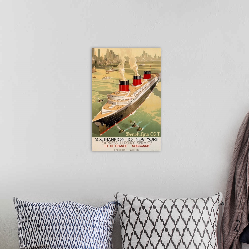 A bohemian room featuring This travel poster shows massive ship departing the New York City harbor.