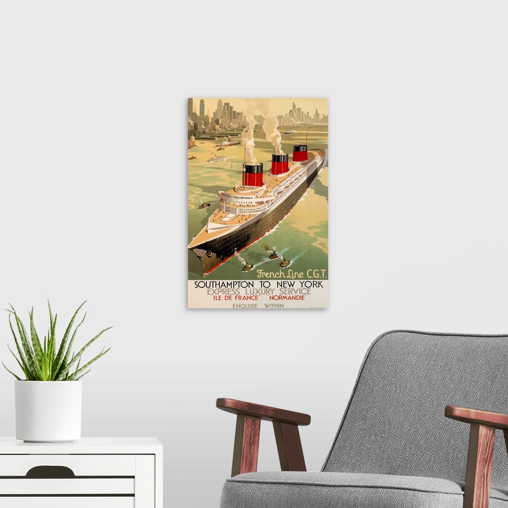 A modern room featuring This travel poster shows massive ship departing the New York City harbor.