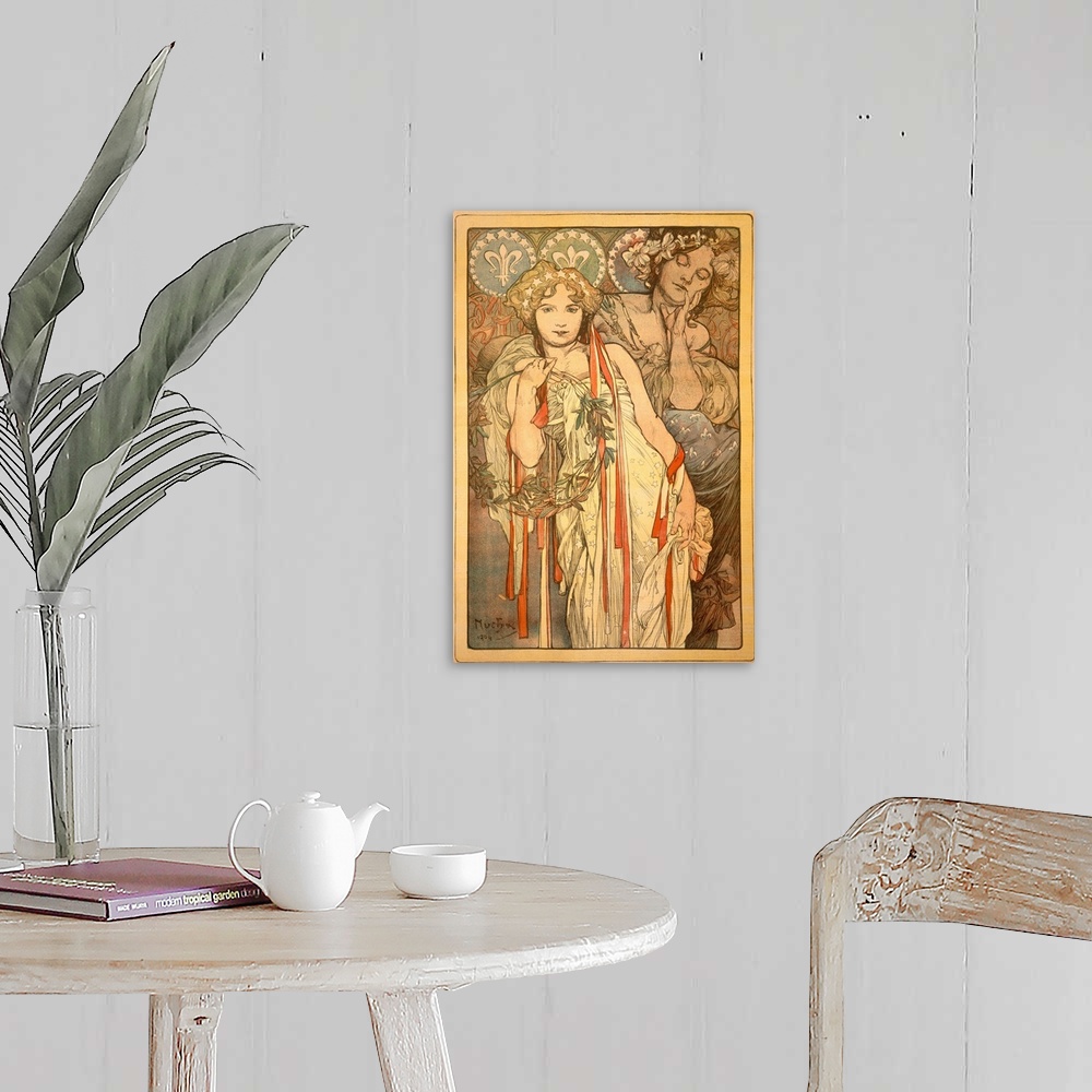A farmhouse room featuring Large, vertical vintage poster art of two women in flowing dresses with elaborate hair pieces.  T...