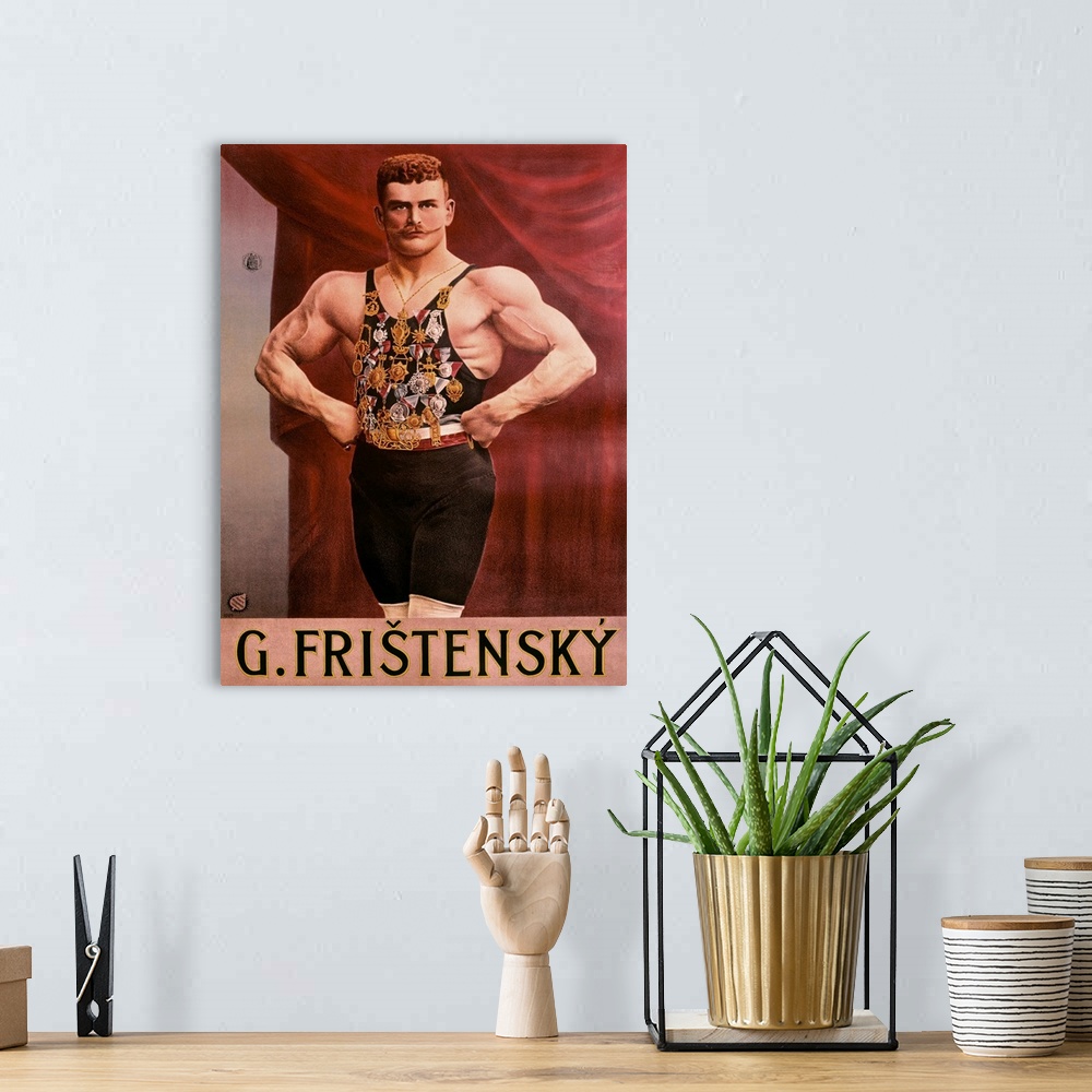 A bohemian room featuring Fristensky, Strong Man, Vintage Poster
