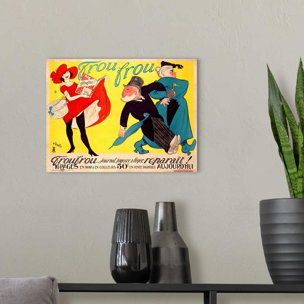 A modern room featuring Vintage artwork showing a woman dragging her husband away from a younger girl wearing a bright re...