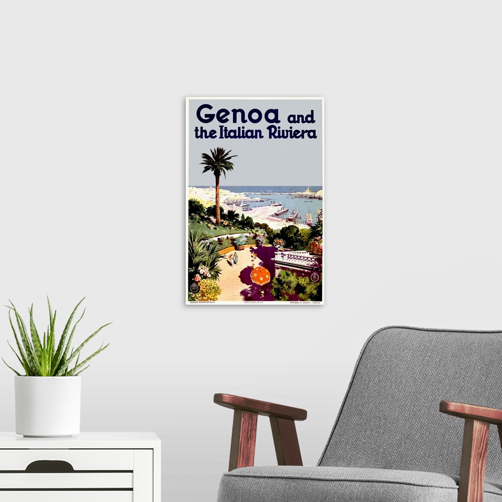 A modern room featuring Old advertising print for foreign travel.  There is the image of a beach leading to a port that i...