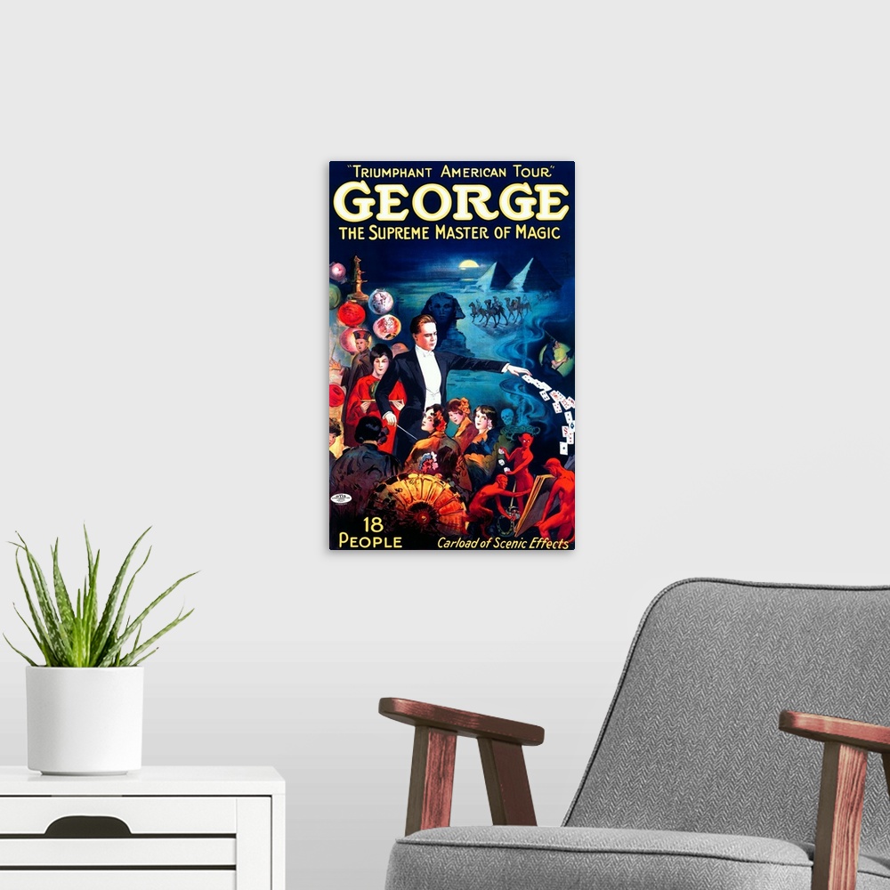A modern room featuring George, The Supreme Master of Magic, Carload of Scenic Effects, Vintage Poster