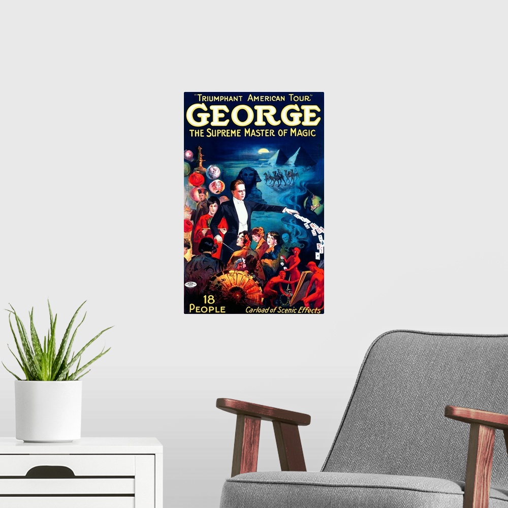 A modern room featuring George, The Supreme Master of Magic, Carload of Scenic Effects, Vintage Poster