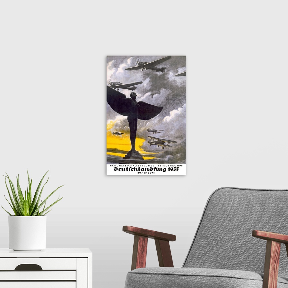 A modern room featuring German, airplanes, 1937, Vintage Poster