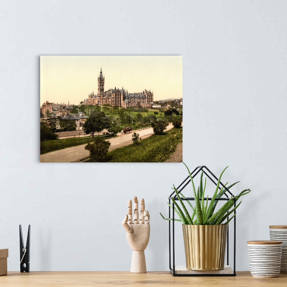 A bohemian room featuring Hand colored photograph of Glasgow university Glasgow, Scotland.