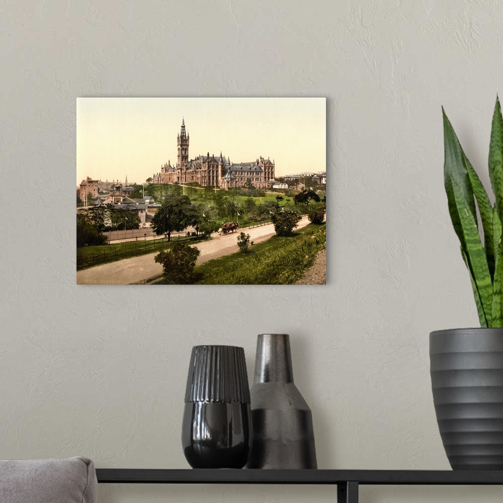 A modern room featuring Hand colored photograph of Glasgow university Glasgow, Scotland.