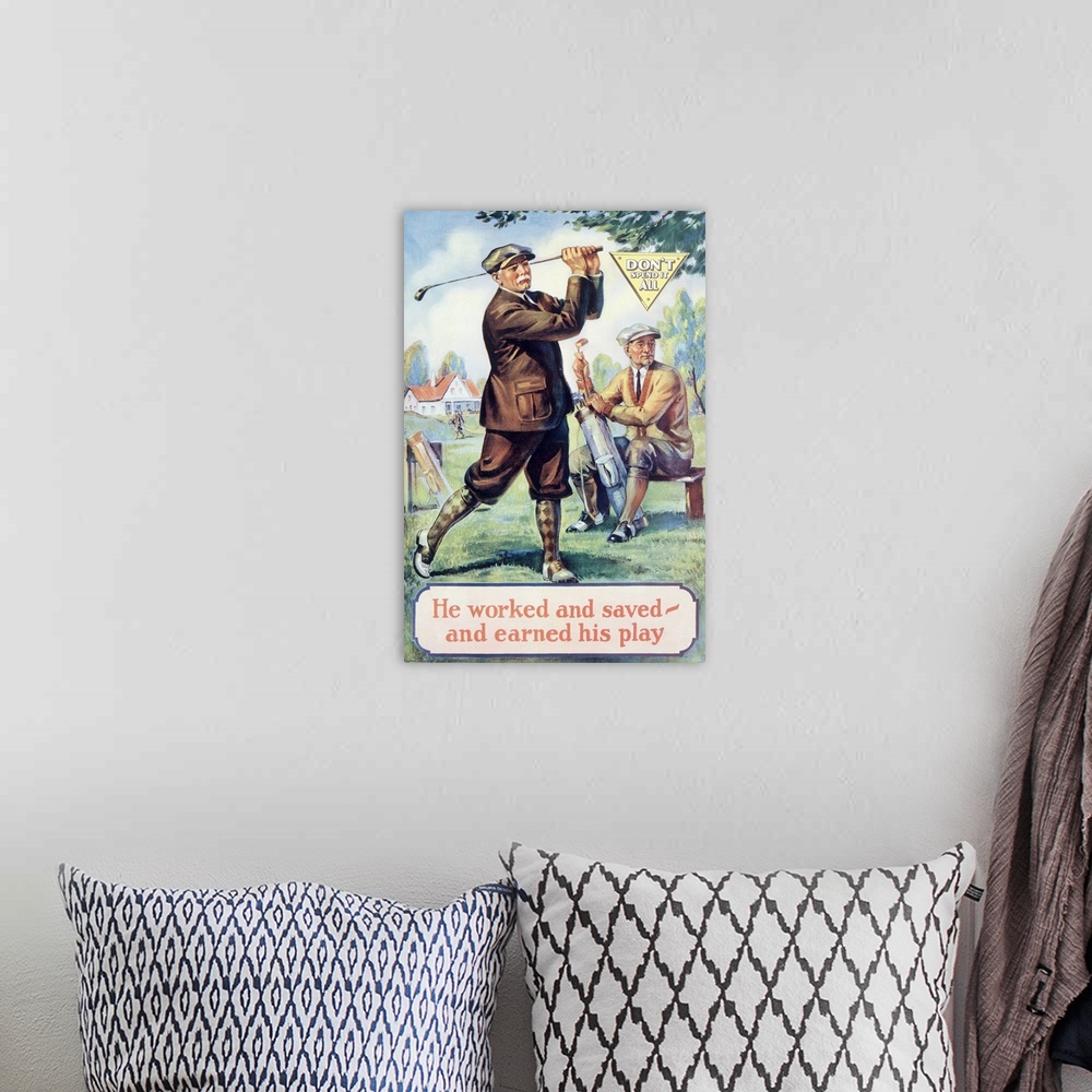 A bohemian room featuring Old inspirational print of two golfers on the greenway with the text "He worked and saved - and e...