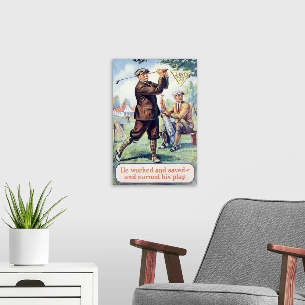 A modern room featuring Old inspirational print of two golfers on the greenway with the text "He worked and saved - and e...