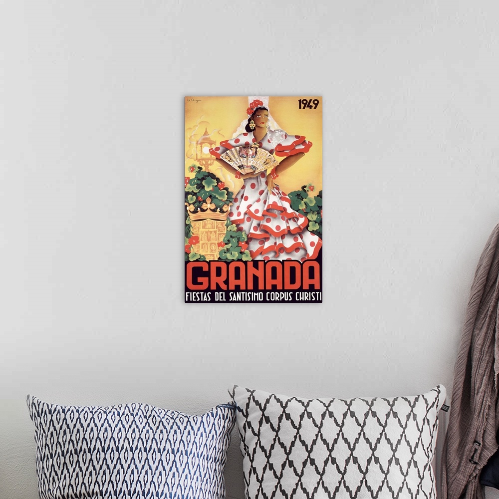 A bohemian room featuring Granada Fiestas Del Santisimo, Vintage Poster, by Puya