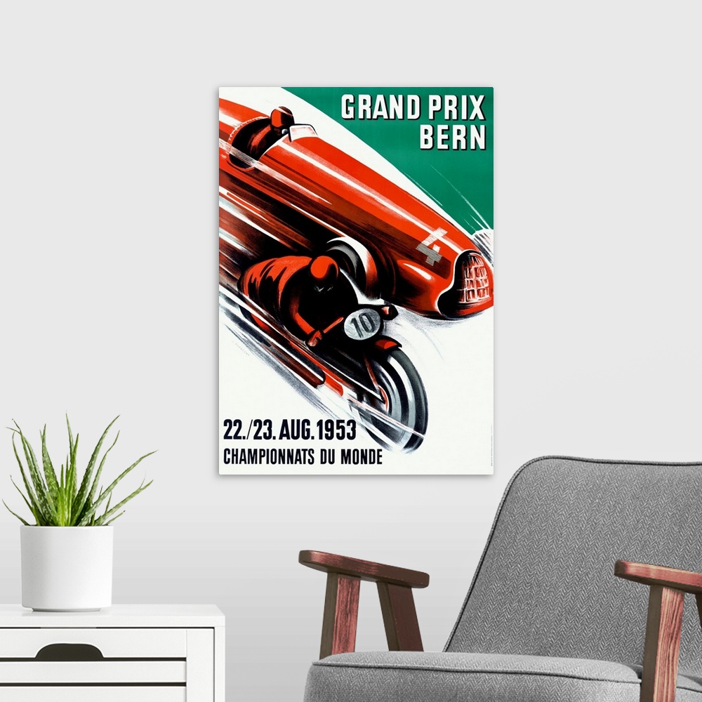 A modern room featuring Grand Prix, Bern, 1953, Vintage Poster, by Ernst Ruprecht