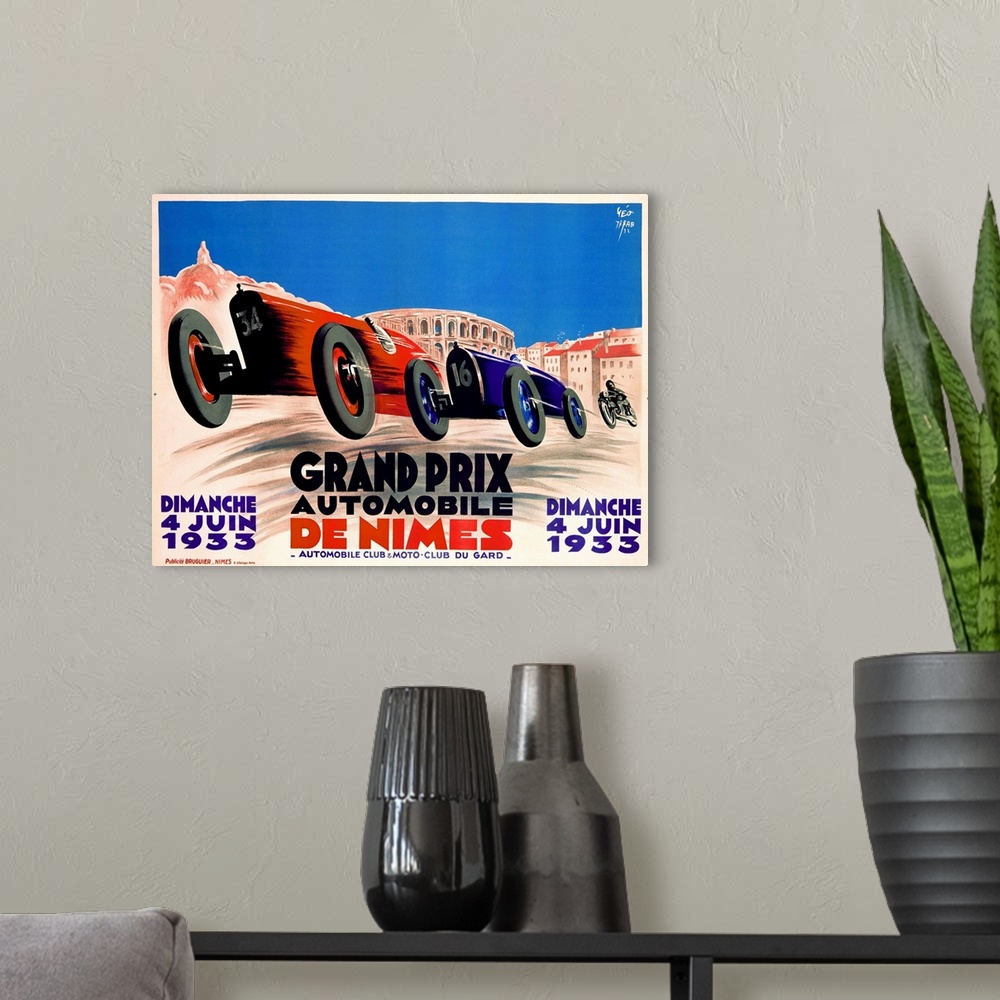 A modern room featuring Grand Prix, de Nimes, 1932, Vintage Poster
