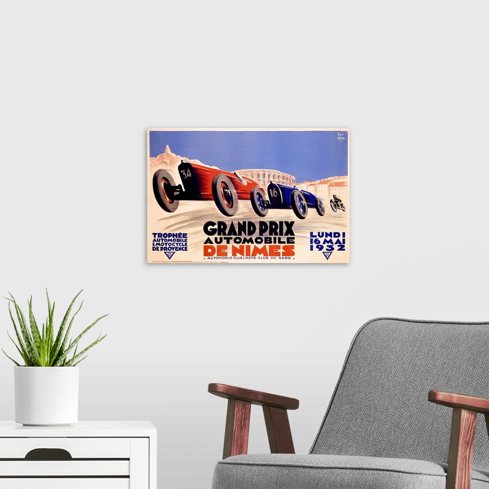 A modern room featuring Classic promotional artwork for the 1932 Grand Prix de Nimes in France featuring two cars and a m...