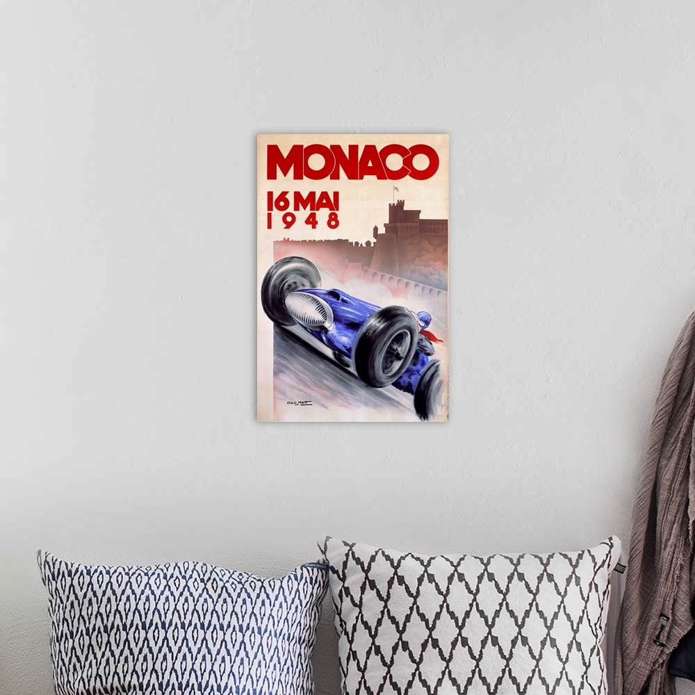 A bohemian room featuring Old advertising poster for 16 Mai race with a vintage race car speeding along with the silhouette...