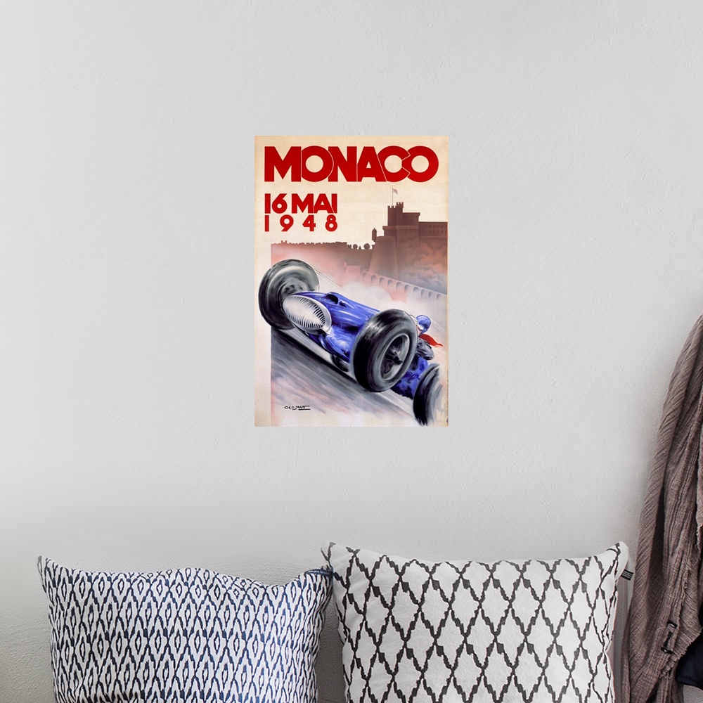 A bohemian room featuring Old advertising poster for 16 Mai race with a vintage race car speeding along with the silhouette...