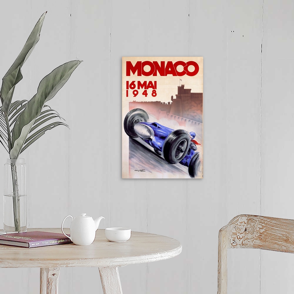 A farmhouse room featuring Old advertising poster for 16 Mai race with a vintage race car speeding along with the silhouette...
