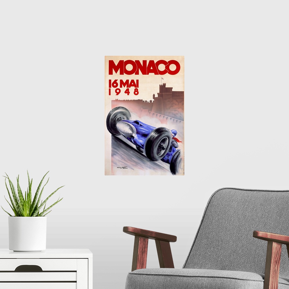 A modern room featuring Old advertising poster for 16 Mai race with a vintage race car speeding along with the silhouette...