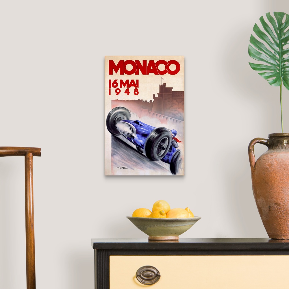 A traditional room featuring Old advertising poster for 16 Mai race with a vintage race car speeding along with the silhouette...