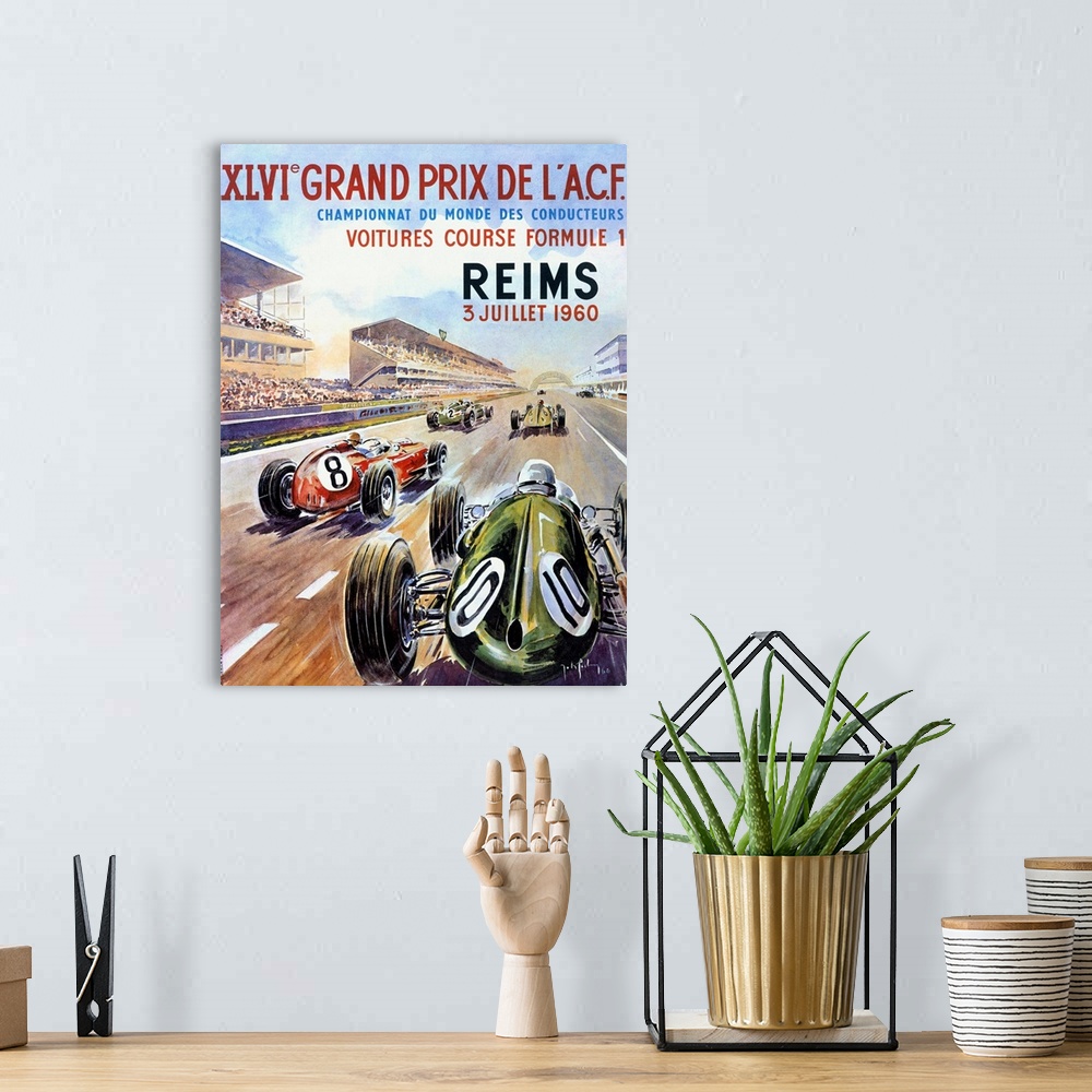 A bohemian room featuring A vertical illustrated poster of race cars on a track in a stadium with a description of the race...