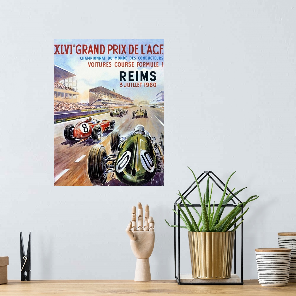 A bohemian room featuring A vertical illustrated poster of race cars on a track in a stadium with a description of the race...