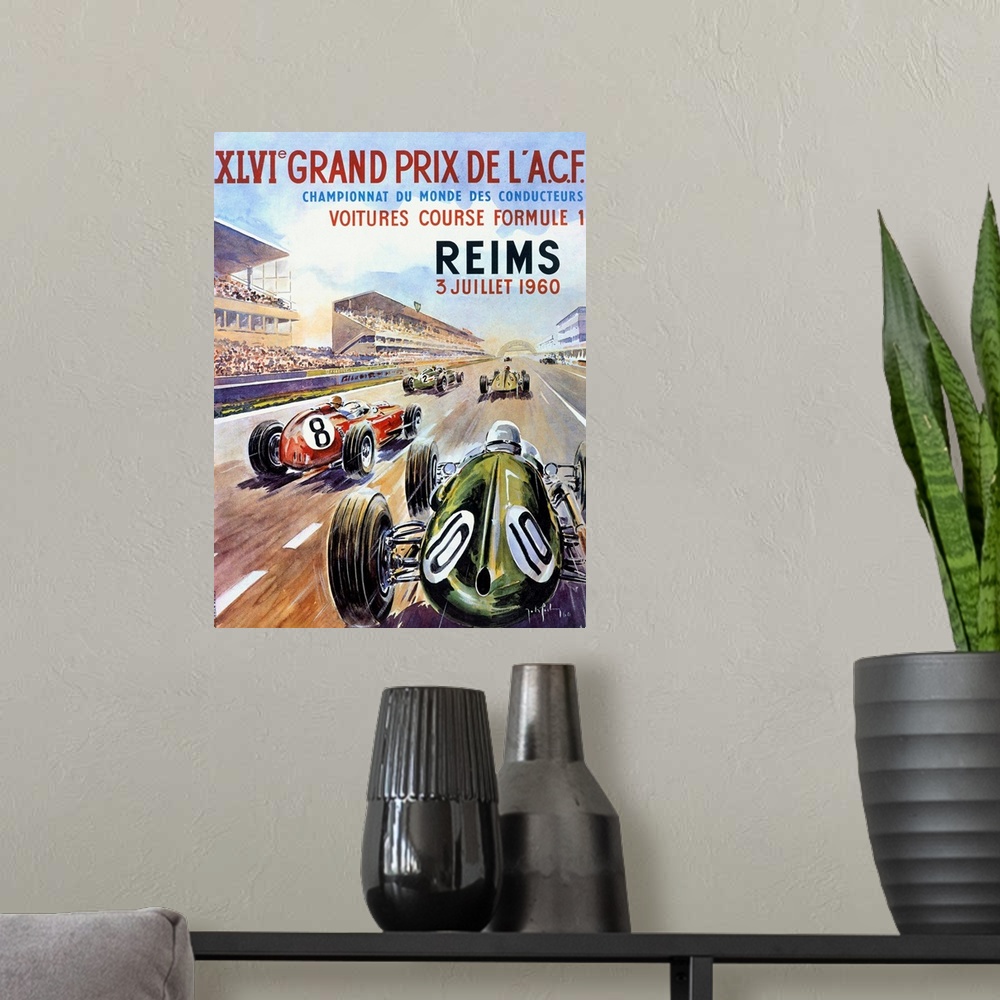 A modern room featuring A vertical illustrated poster of race cars on a track in a stadium with a description of the race...