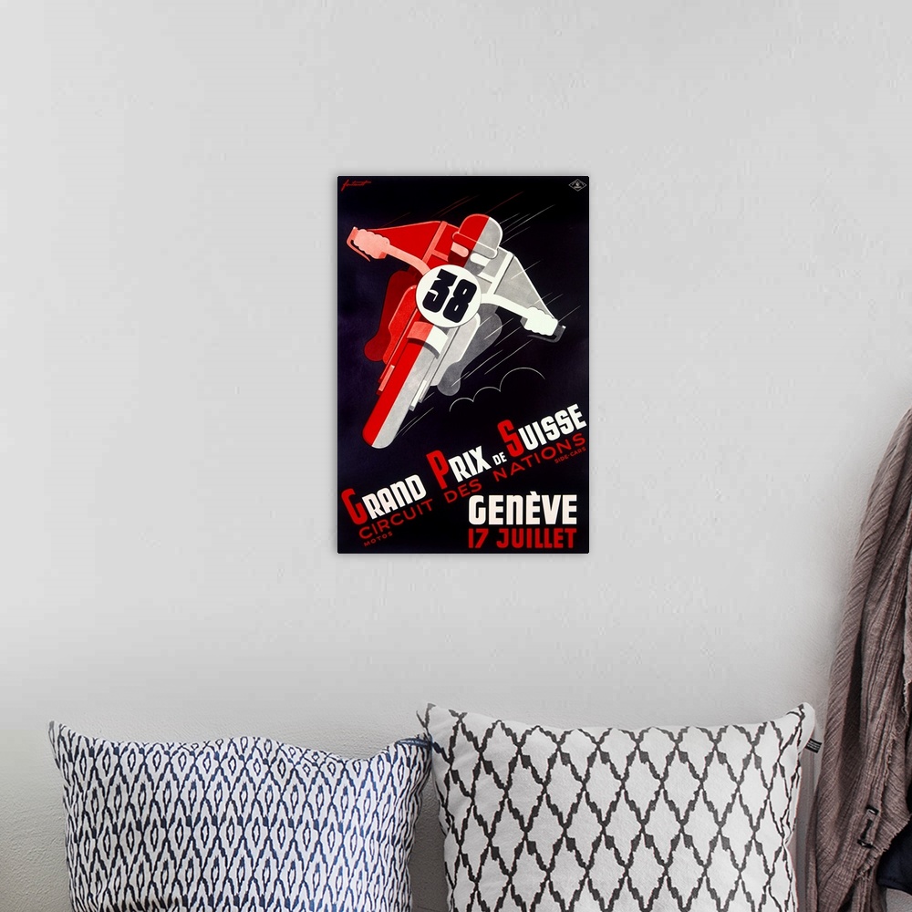 A bohemian room featuring This vintage poster has a bike racer leaning to one side and the text "Grand Prix de Suisse" bene...