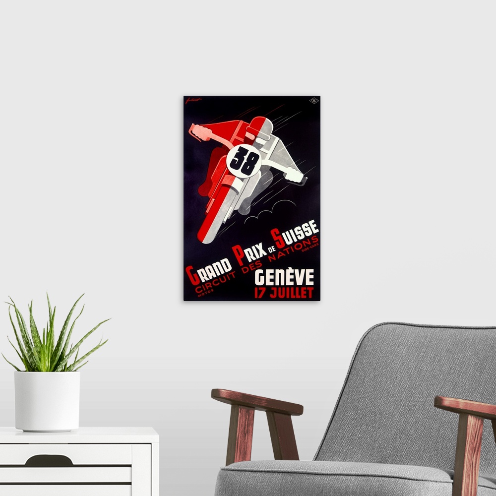 A modern room featuring This vintage poster has a bike racer leaning to one side and the text "Grand Prix de Suisse" bene...