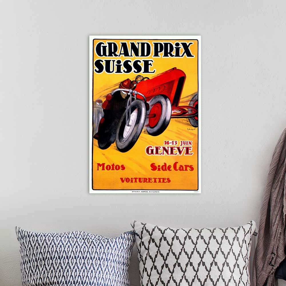 A bohemian room featuring Grand Prix Suisse, Geneve, Motos, Side Cars, Vintage Poster
