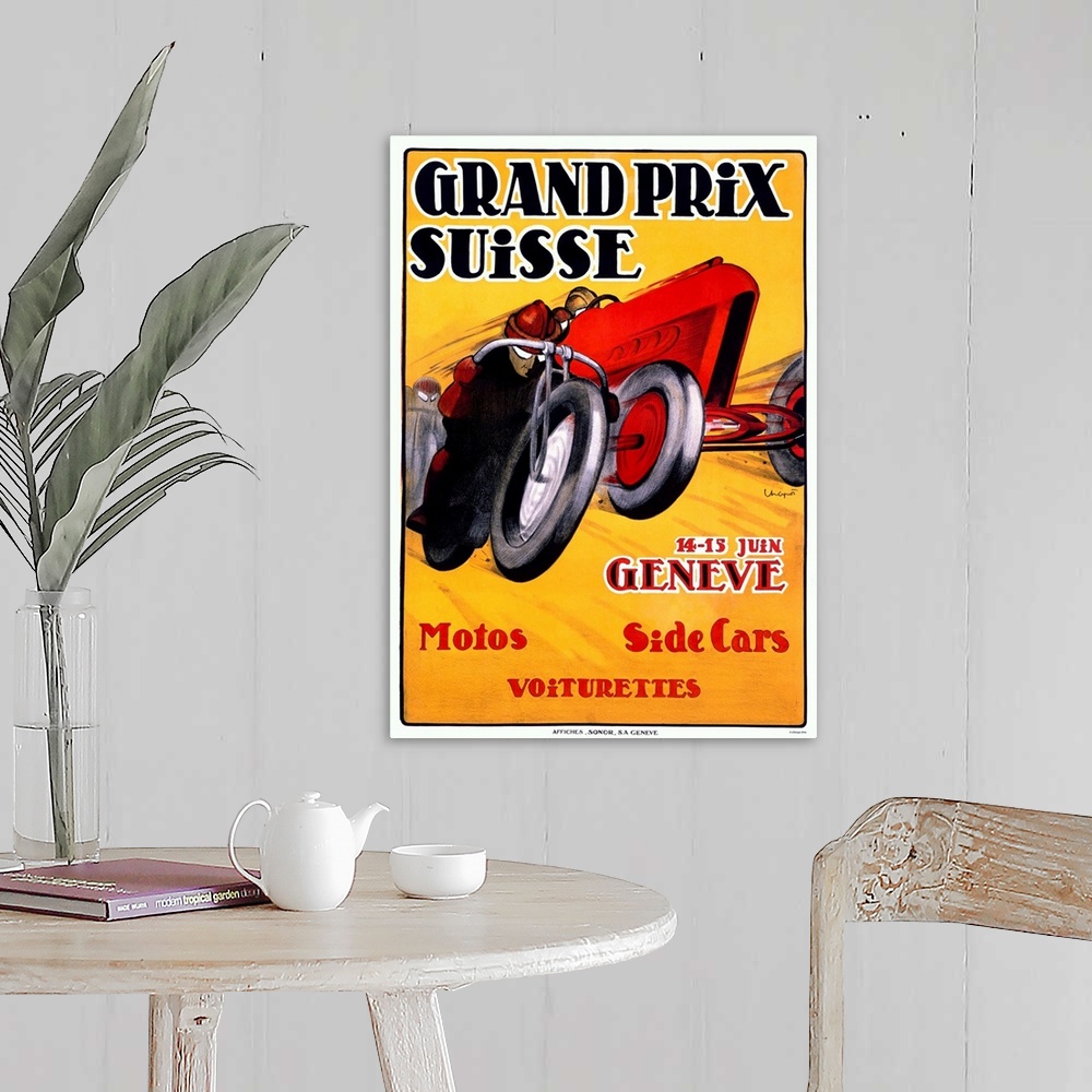 A farmhouse room featuring Grand Prix Suisse, Geneve, Motos, Side Cars, Vintage Poster