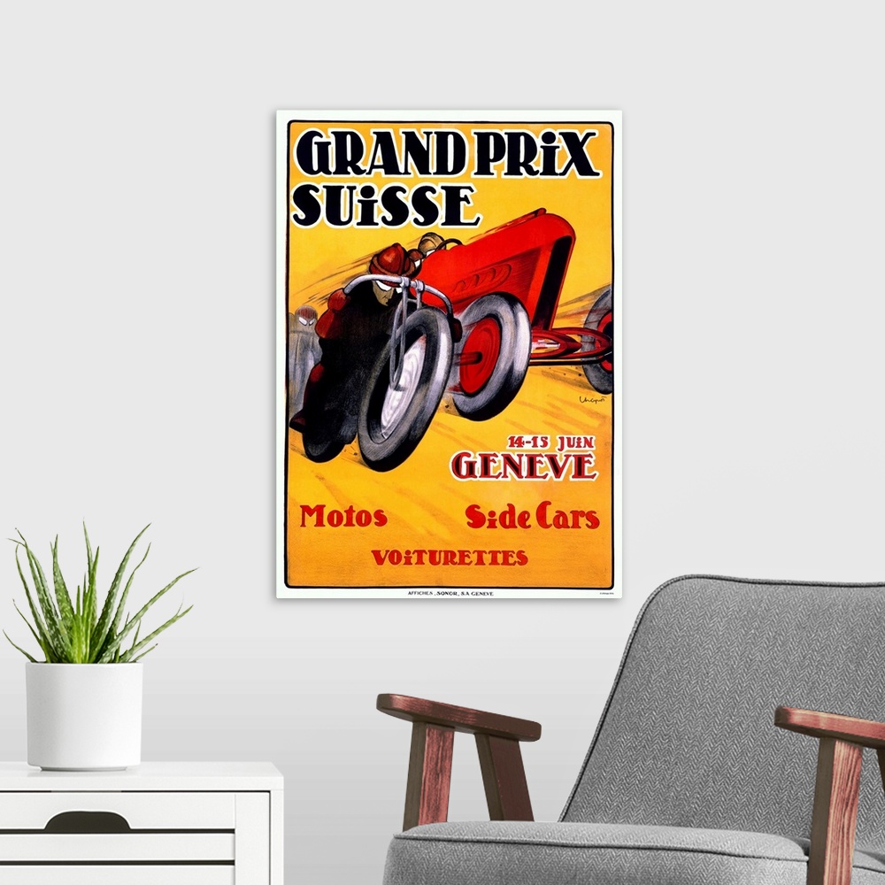 A modern room featuring Grand Prix Suisse, Geneve, Motos, Side Cars, Vintage Poster