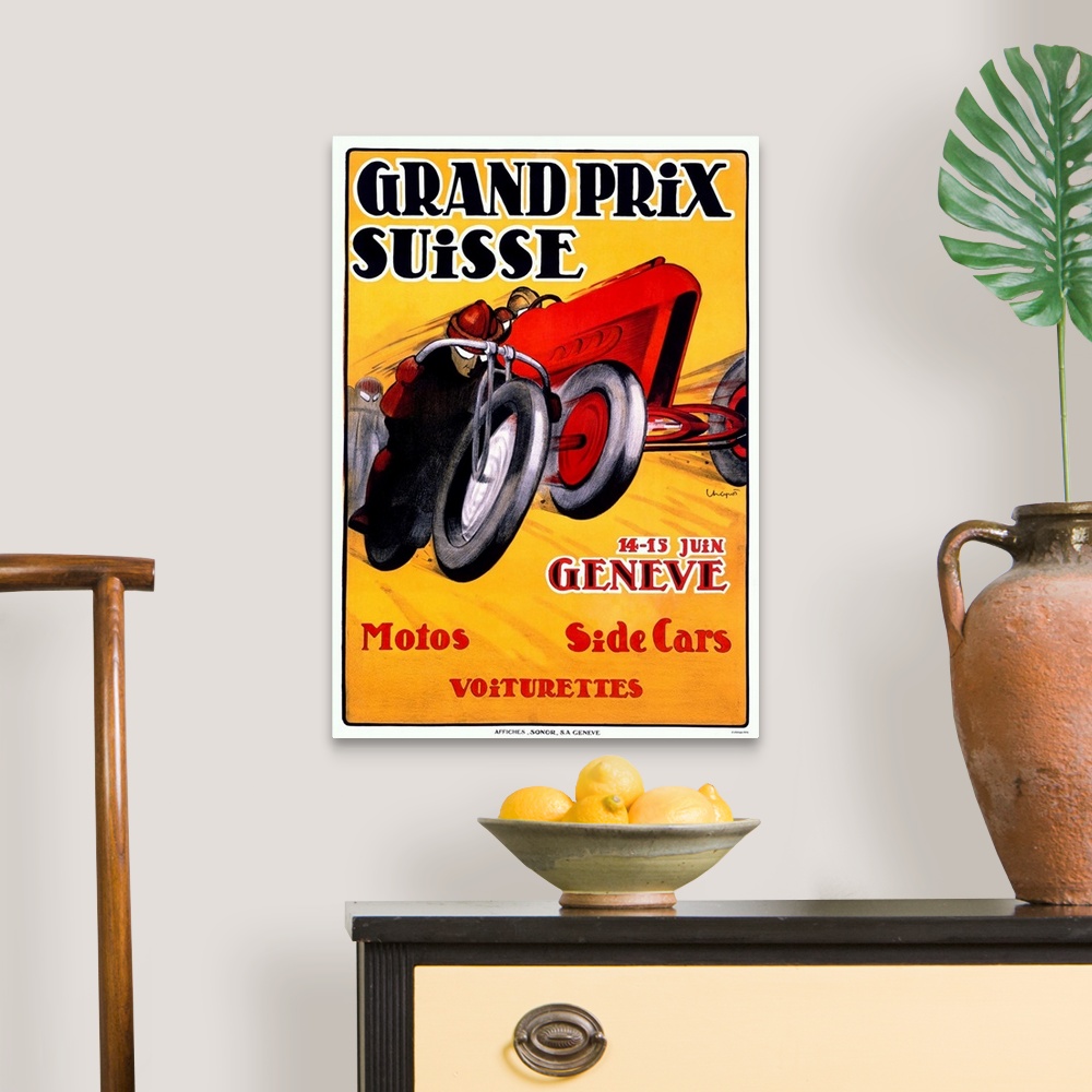 A traditional room featuring Grand Prix Suisse, Geneve, Motos, Side Cars, Vintage Poster