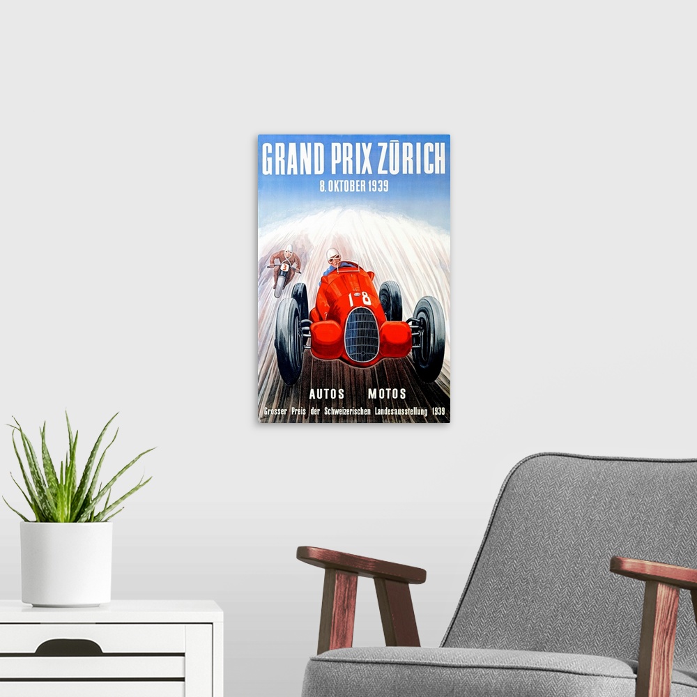 A modern room featuring This vintage poster is a drawing of a man racing in a car with another man just to the left and b...