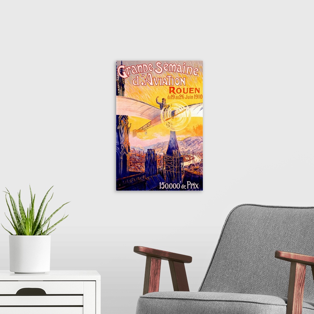 A modern room featuring Grand Semaine d'Aviation, Vintage Poster, by Charles Rambert